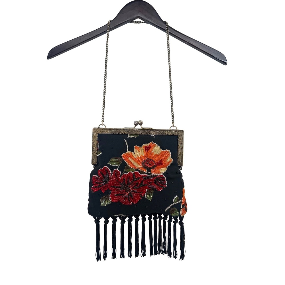 Christiana Vintage Style Beaded Floral Evening Bag Black Red Orange Tassel Boho